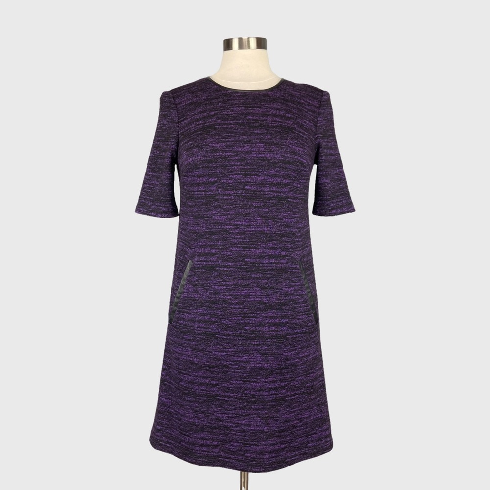 Donna Morgan Womens Purple Space Dye Short Sleeve Dress Faux Leather Trim size 2